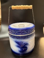 Blue & White Salt Glaze Stoneware Butter Crock Wooden Bail Handle