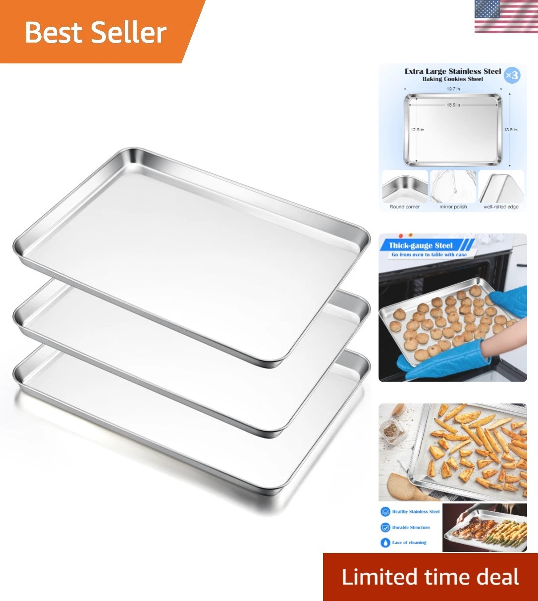 Large Baking Sheets Set of 3, 20”x14” Stainless Steel Cookie Sheet Pans for O...
Opens in a new wind