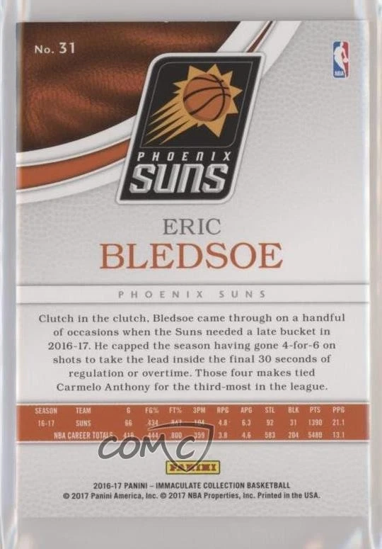 2016-17 Panini Immaculate Gold /10 Eric Bledsoe #31 - Image 2 of 2