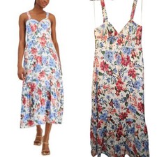 $188 Tahari Womens Multicolor Floral V-Neck Maxi Dress Sz Large NEW Linen Blends