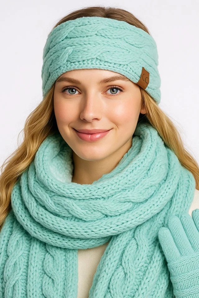 C.C Women Sherpa Lined Cable Knit Winter Headband Ear Warmer Headwrap Soft Cozy - Image 3 of 4