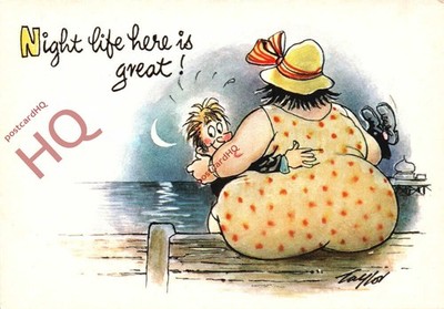 Postkarte; Cartoon, Serie ''Am Meer'', Nachtleben hier ist toll [Bamforth]