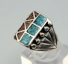 Vintage Native American Navajo Sterling Silver Turquoise And Coral Inlay Sz 10