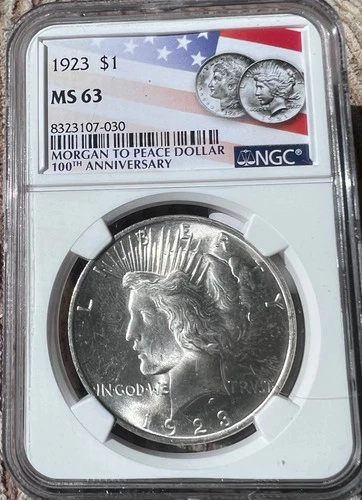 1923 Peace Silver Dollar $1 NGC MS63 Choice Uncirculated American Flag Label