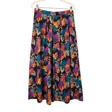 Vintage Womens M Fall Leaf Leaves Floral Pleated A-Line Skirt Black Multicolor
