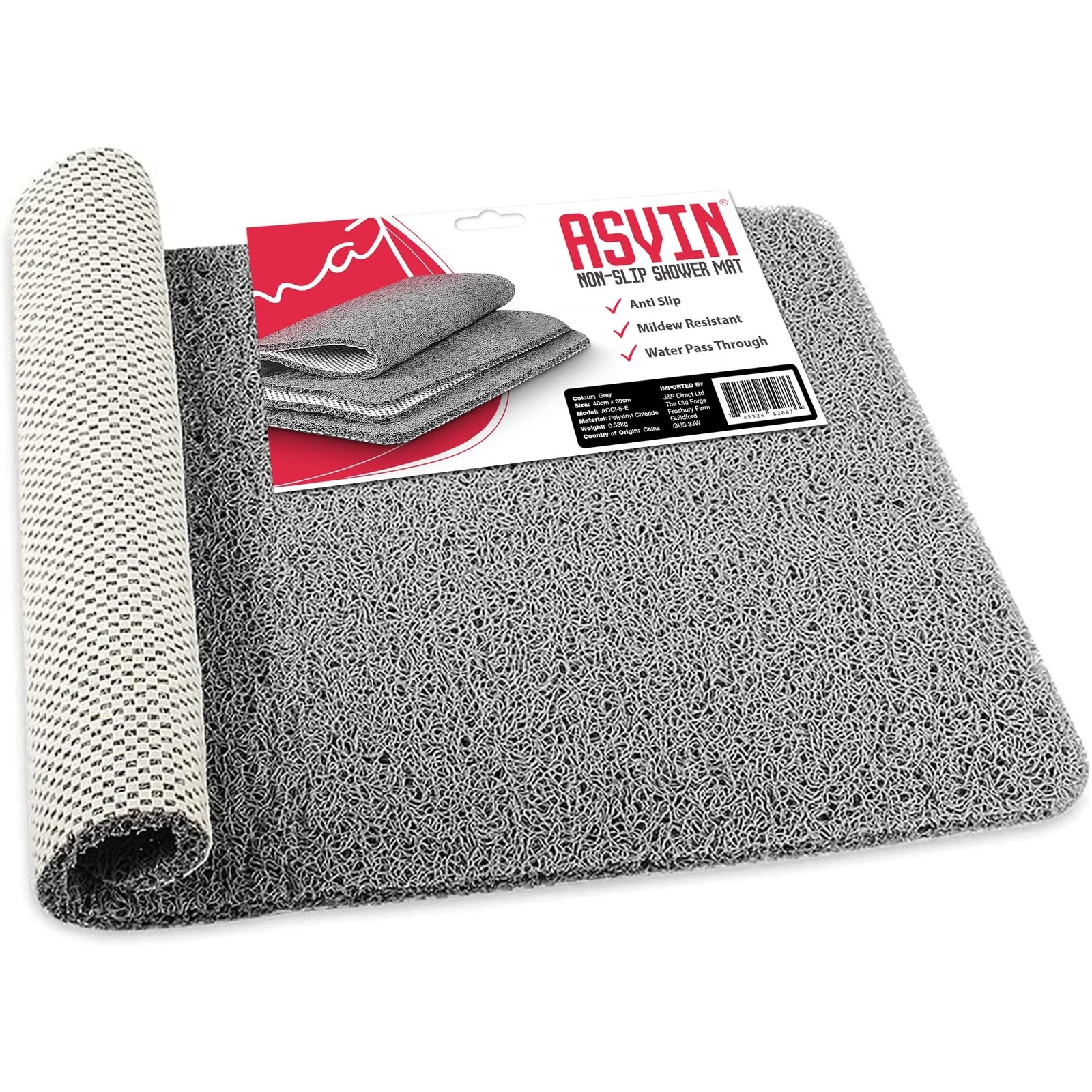 Asvin Soft Textured Bath, Shower, Tub Mat, 24" x 16" (Rectangular), Grey