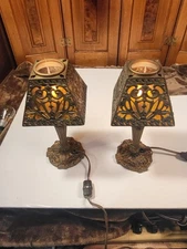 Pair Of Antique Pierced Brass Mica Lined Boudoir Lamps
