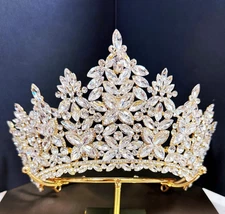 Quinceanera Crown, Vintage Crystal Crown, Crystal Bridal Tiara, Prom Gold Crown