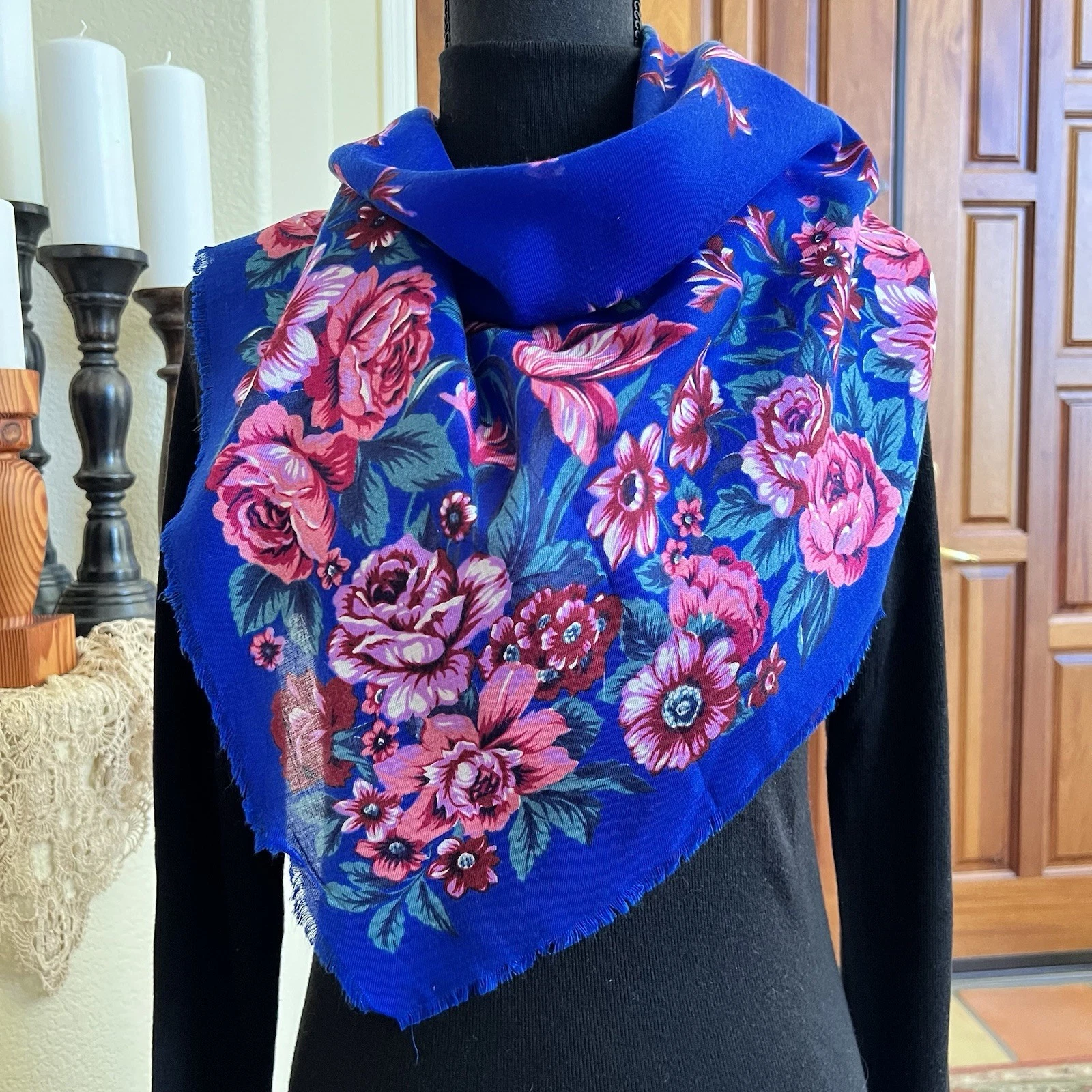 Women Square Scarf 30” Retro Blue Pink Floral Print Head Wrap Bandana Hijab