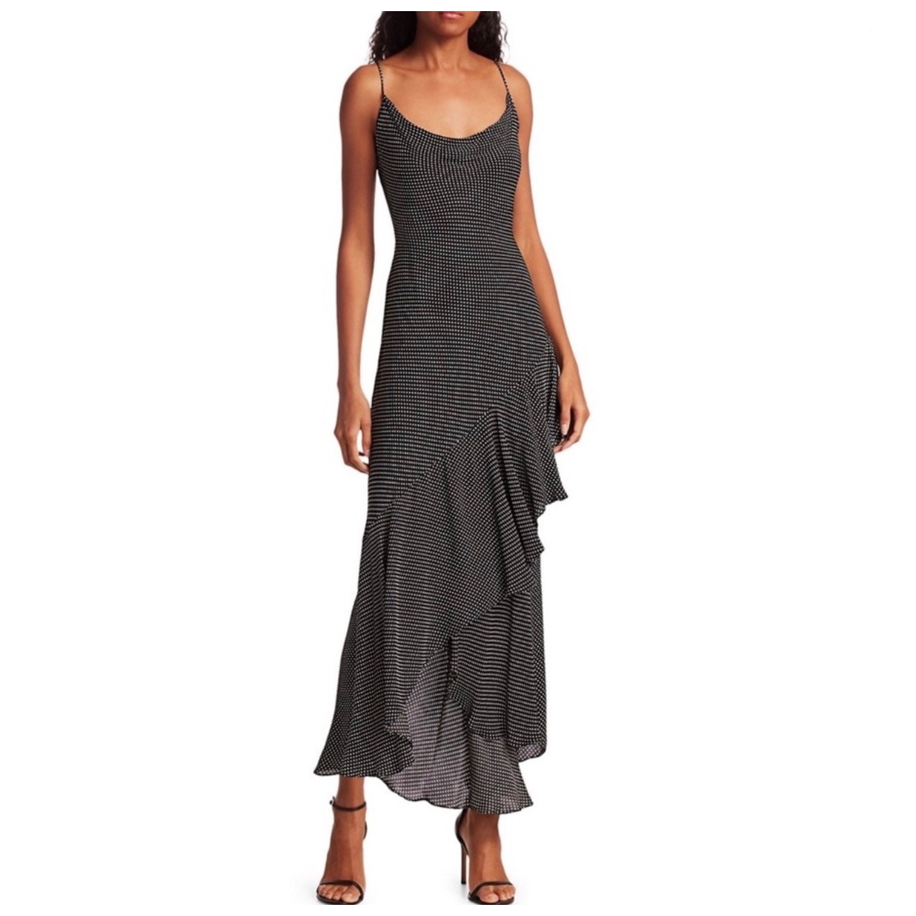 Alice + Olivia Ginger Cowl Neck Ruffle Skirt Dress Mini Dot Black Size 6