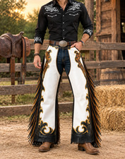 Men s White Gold Leather Cowboy Chaps Western Riding Fringe Ranch Outfit