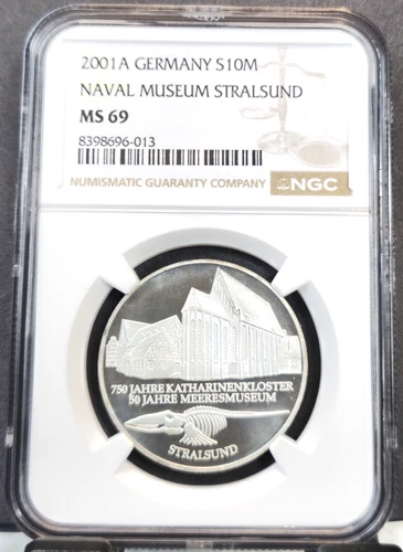2001 GERMANY SILVER 10 MARK S10M NAVAL MUSEUM STRALSUND NGC MS 69 RARE TOP POP 1