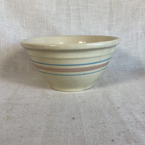Vintage McCoy Pottery 10” Oven Ware Mixing Bowl Pink Blue Stripe Ovenware