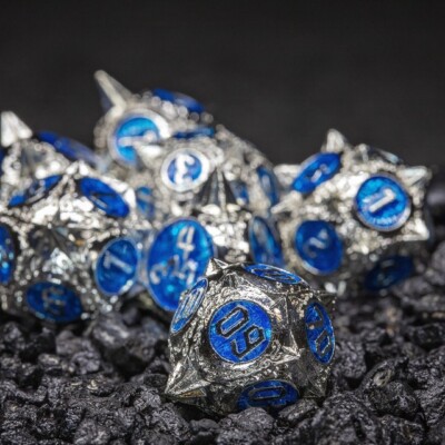 Sage's Enchanted Morningstar Silver/Blue Metal Polyhedral Dice Set DnD Dice