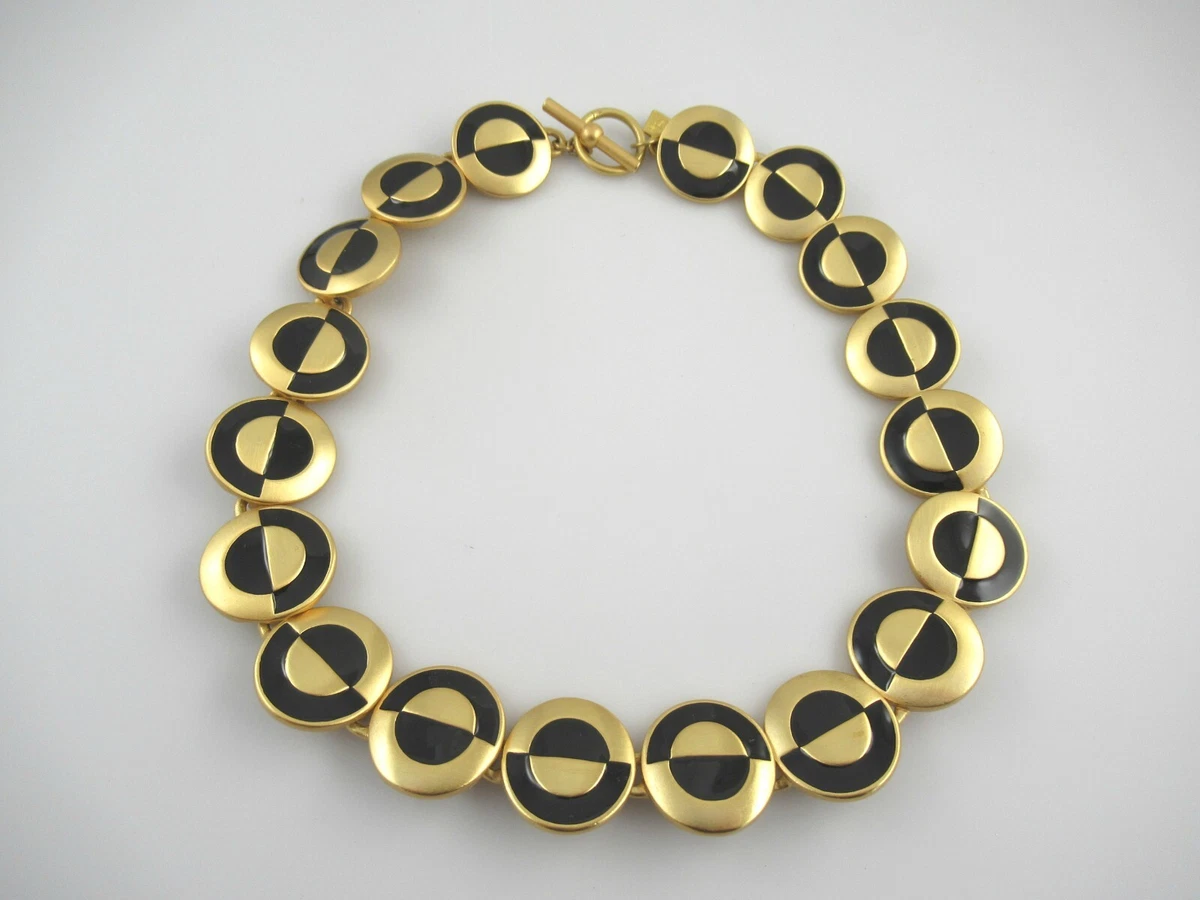 Signed Anne Klein Vintage Matte Gold Tone and Black Enamel Link