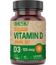 DEVA Vitamin D3 5000 IU 125 MCG Vegan 90tabs Lichen Cholecalciferol -EXP 10/2026
