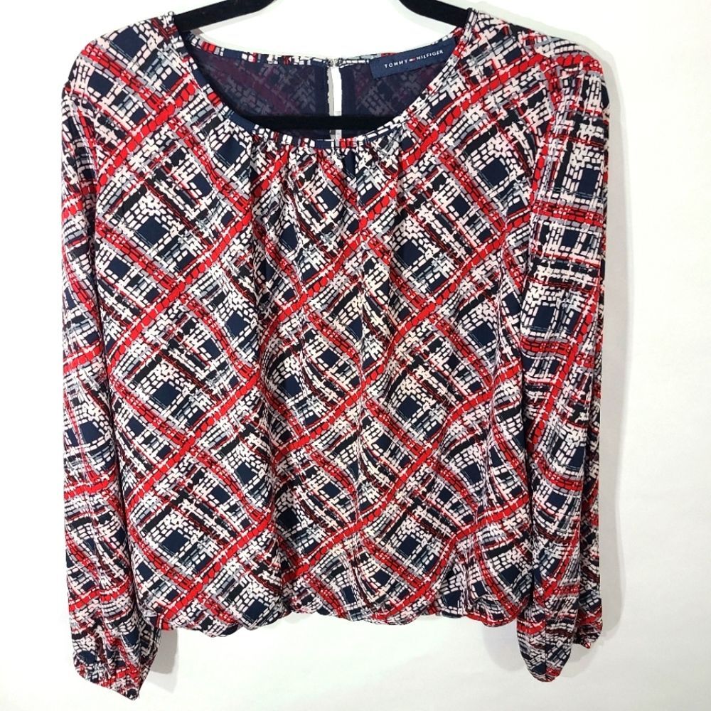Tomy Hilfiger Women's Plaid Blouse Red White Blue Dressy Office