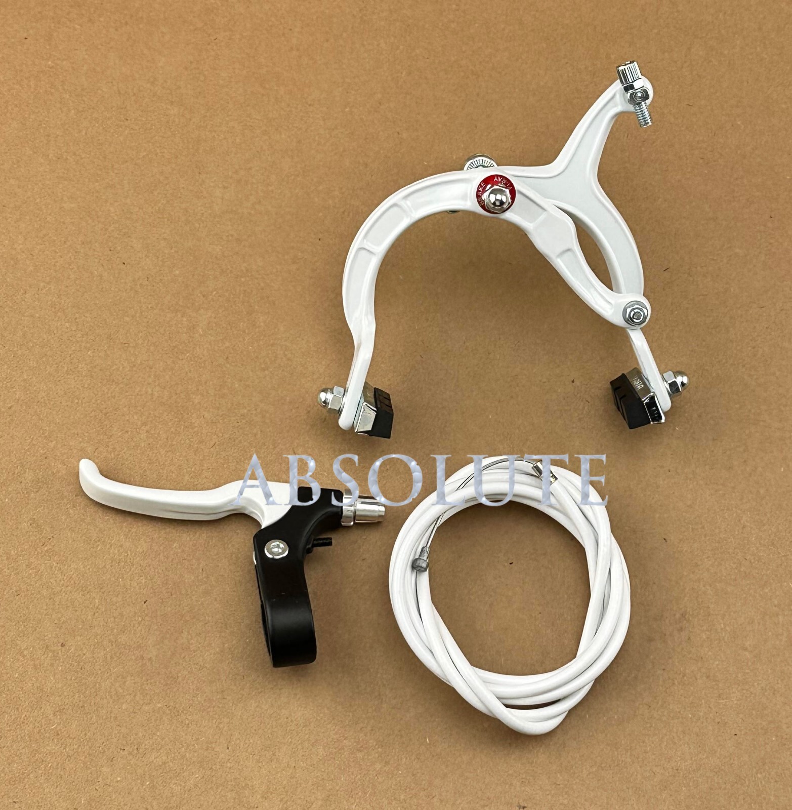 ALL WHITE CRUISER BIKE BRAKE SET LEVER CABLE CALIPER OS BMX 