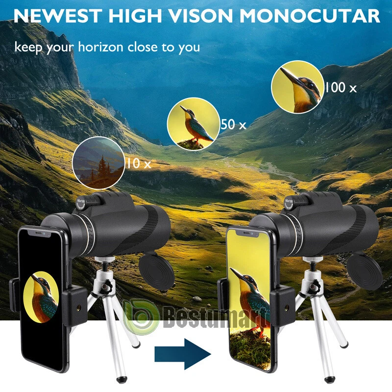 80x100 Phone Camera Zoom Lens Monocular Telescope HD Hiking Hunting with Tripod - Image 4 of 4