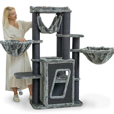 HAPPYPET Kratzbaum stabil Pepper 157 cm hoch mit 2 Liegemulden, Hängematte
