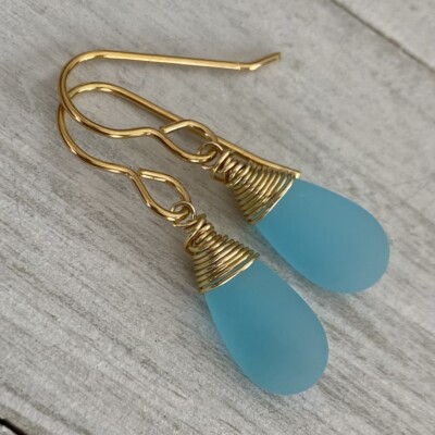 Min Favorit Pacific Blue Sea Glass Teardrop & Gold Pl Artisan Wrap Earrings