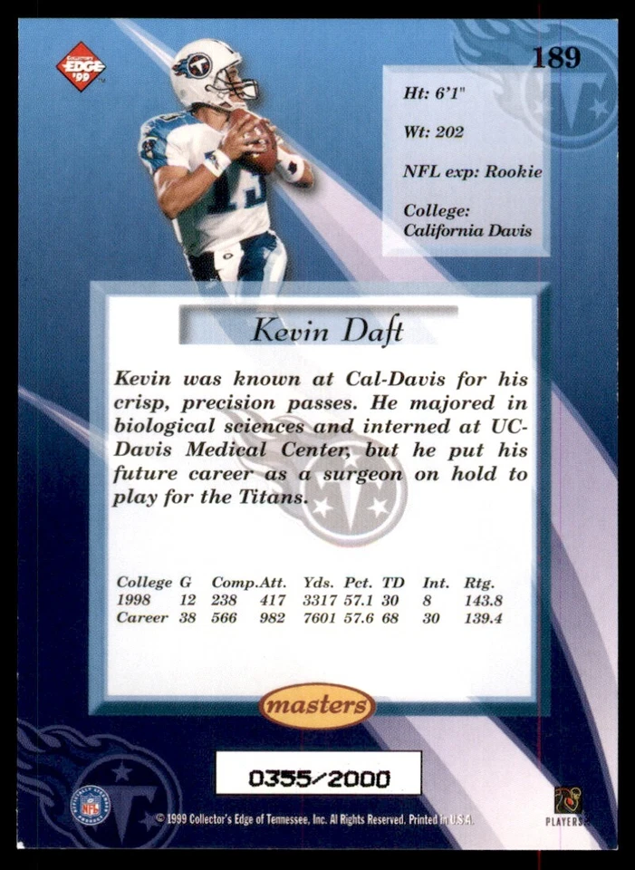 1999 Collector's Edge Masters Rookie #189 Kevin Daft /2000 Titans Football SP RC - Image 2 of 2
