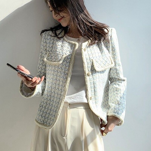 2022 Para mujeres Abrigo Corto a Cuadros Prendas de abrigo Nuevo Moda Tweed Chaqueta Abrigo - Imagen 4 de 13