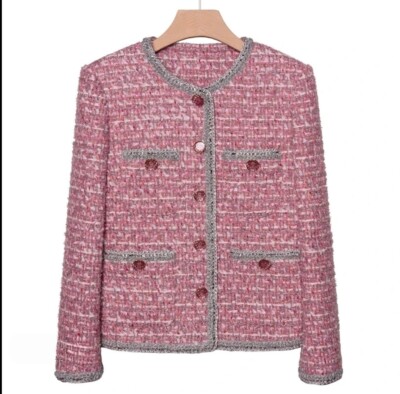 Handmade Tweed Boucle Multi Pink Sakko mit Metallic Besatz Gr. L