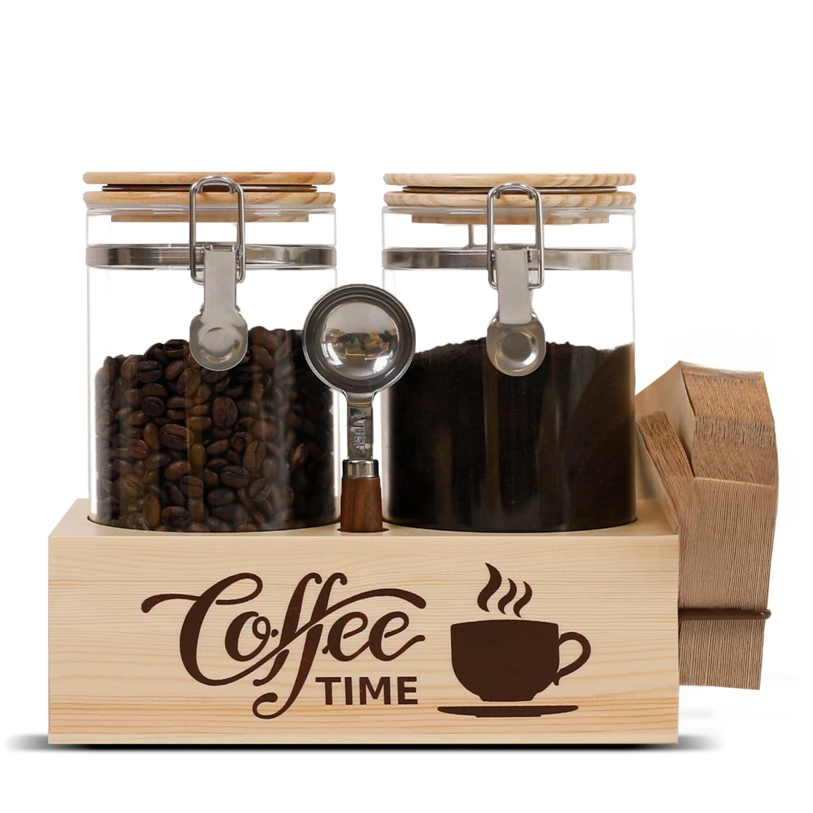 Glass Coffee Canister Set with Shelf & Spoon 2 Piece Coffee Containers for Co...