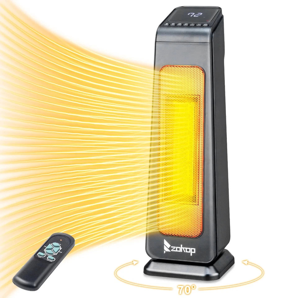 23" Space Heater, 70°Oscillating 1500W Electric Tower Heater with Remote Control