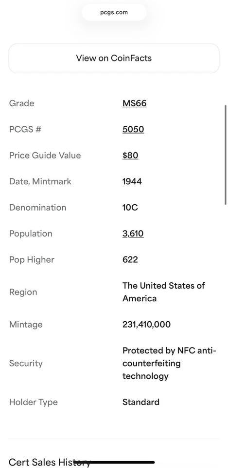 1944 Mercury Dime PCGS MS 66 Silver 10c Certified - Image 4 of 4