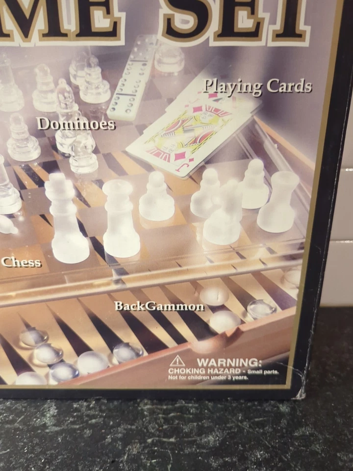 Glass and Wood 5 Game Set Chess Checkers Dominoes Playing Cards Open Box - Image 3 of 4
