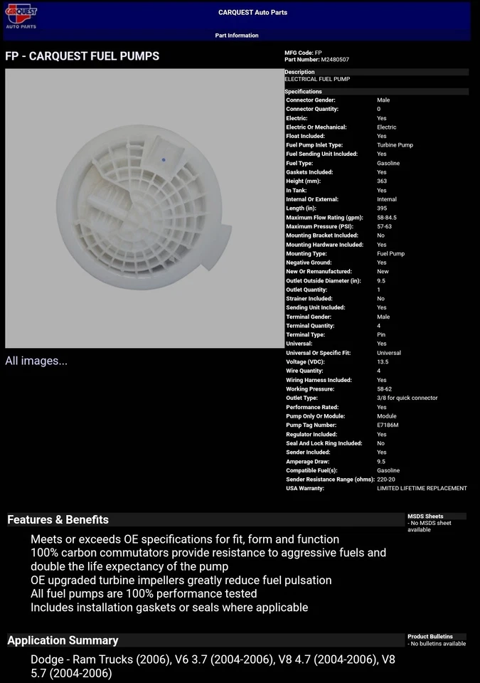 Módulo de bomba de combustible Carquest M2480507 para Select 04-06 Dodge Ram 1500 Foto 2 de 2