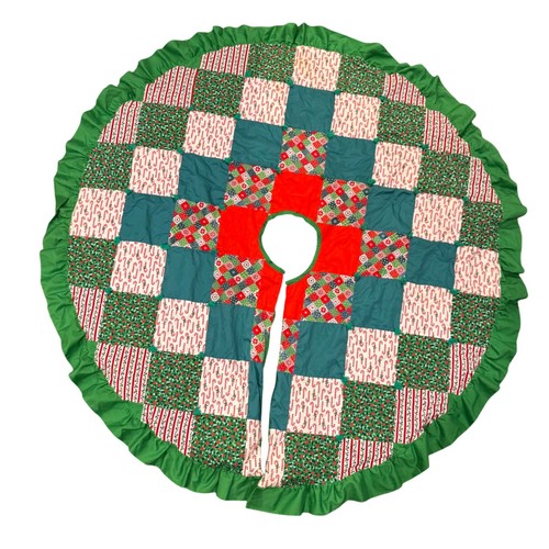Vintage Quilted Christmas Tree Skirt Patchwork Candy Cane Green Ruffle Holiday