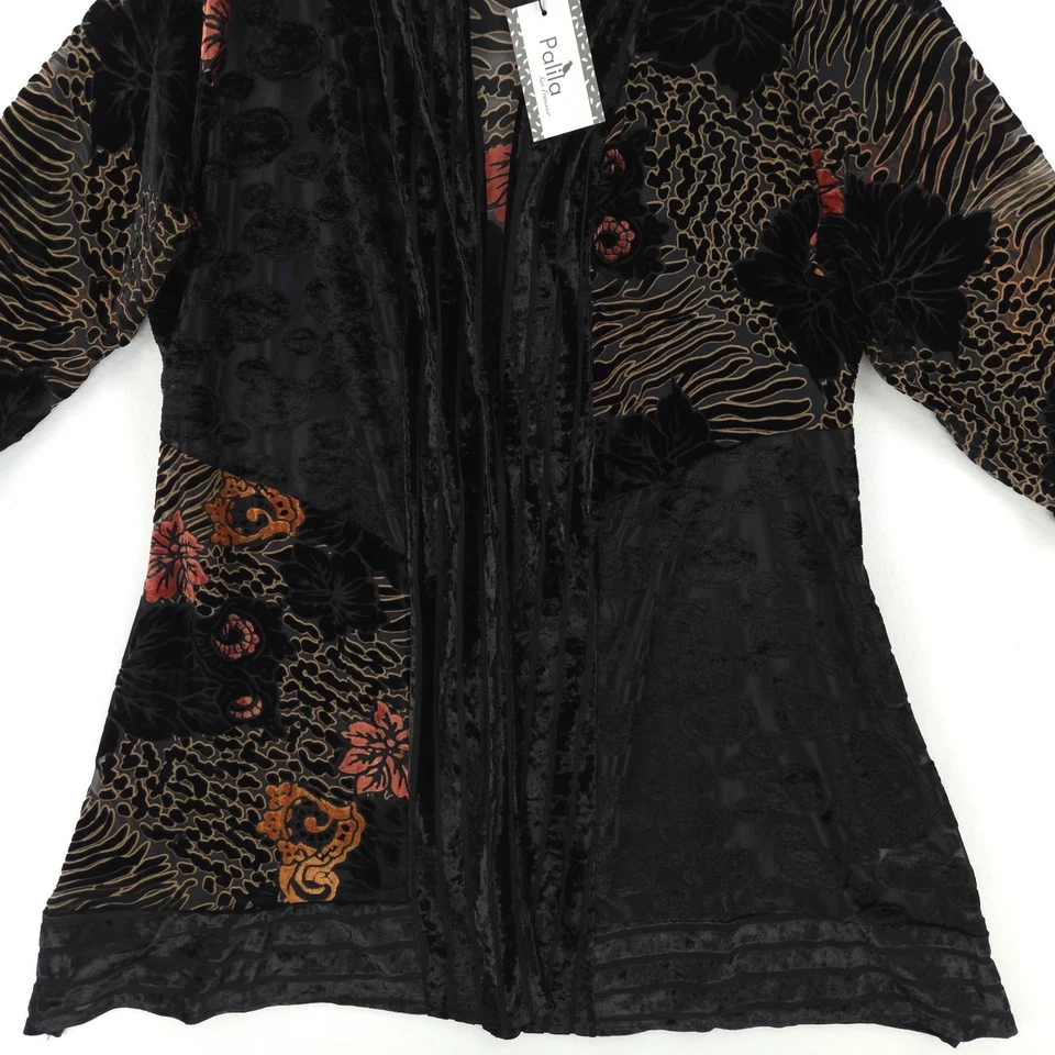Palila Women's Velvet Burnout Open Front Cardigan Size XL Duster Black Gold Red - Image 3 of 4