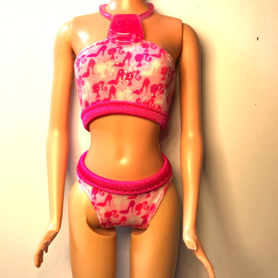 Barbie Doll Clothing 2010 Bath Fun Pink Shoe Silhouette Print Bikini Swimsuit