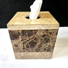 Marble Stone 6" Square Tissue Box Holder w/ Original Label, Excellent Condition.
