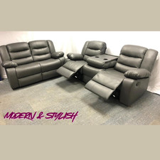 Roma Recliner Leather 3+2 Seater Sofa with Cupholders/Luxury Modern/Black Grey