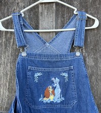 Vintage 90s Disney Lady & The Tramp Embroidered Denim Overalls Bibs Shorts NWT