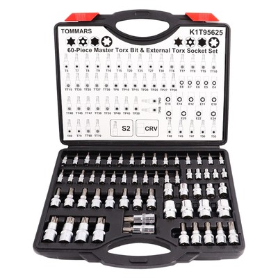60-Pc Master Torx Bit Socket and External Socket Set 1/4'', 3/8'', 1/2'' Drive, ...