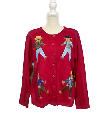 BECHAMEL Cardigan Ladies Sz.Large Red Scarecrows Embroidered Button Front - NWT