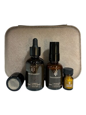 True Botanicals 4 Piece Travel Collection Set with Luxurious Metallic Makeup Bag