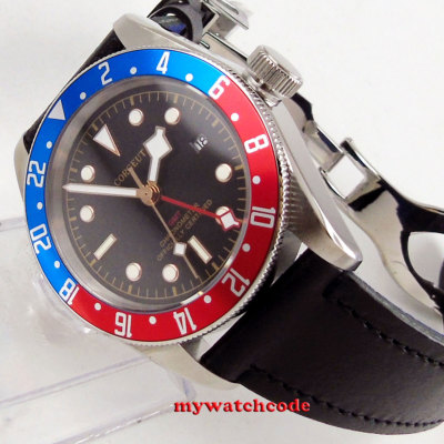 41mm Corgeut schwarzes Zifferblatt rot blaue Lünette Saphirglas GMT Automatik Herrenuhr