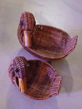 2 PC Nesting Duck Swan Woven Baskets Vintage W/ Wooden Beak