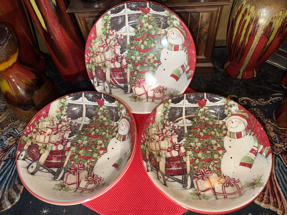 Juego de 3 cuencos para servir muñeco de nieve Susan Winget internacionales certificados de 9,5 pulgadas Foto 2 de 4