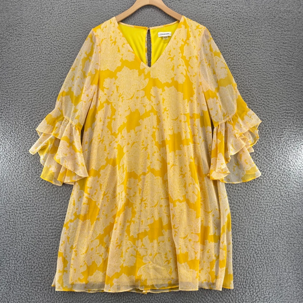calvin klein v-neck 3/4 sleeve crinkled chiffon floral shift dress Calvin Klein Women's Floral Chiffon V-neck Shift Dress