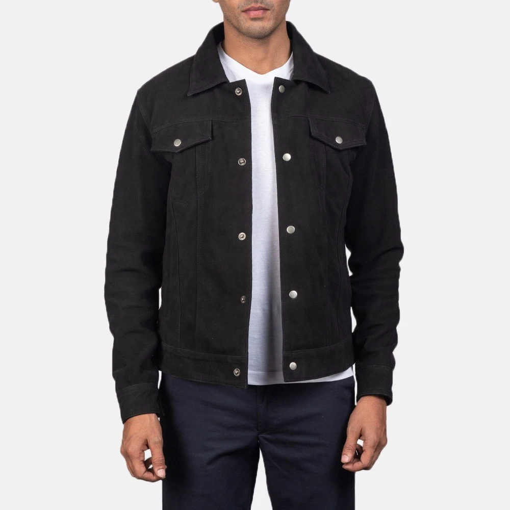 Men's Trucker Real Suede Leather Jacket Vintage Classic Denim Style Black Coat