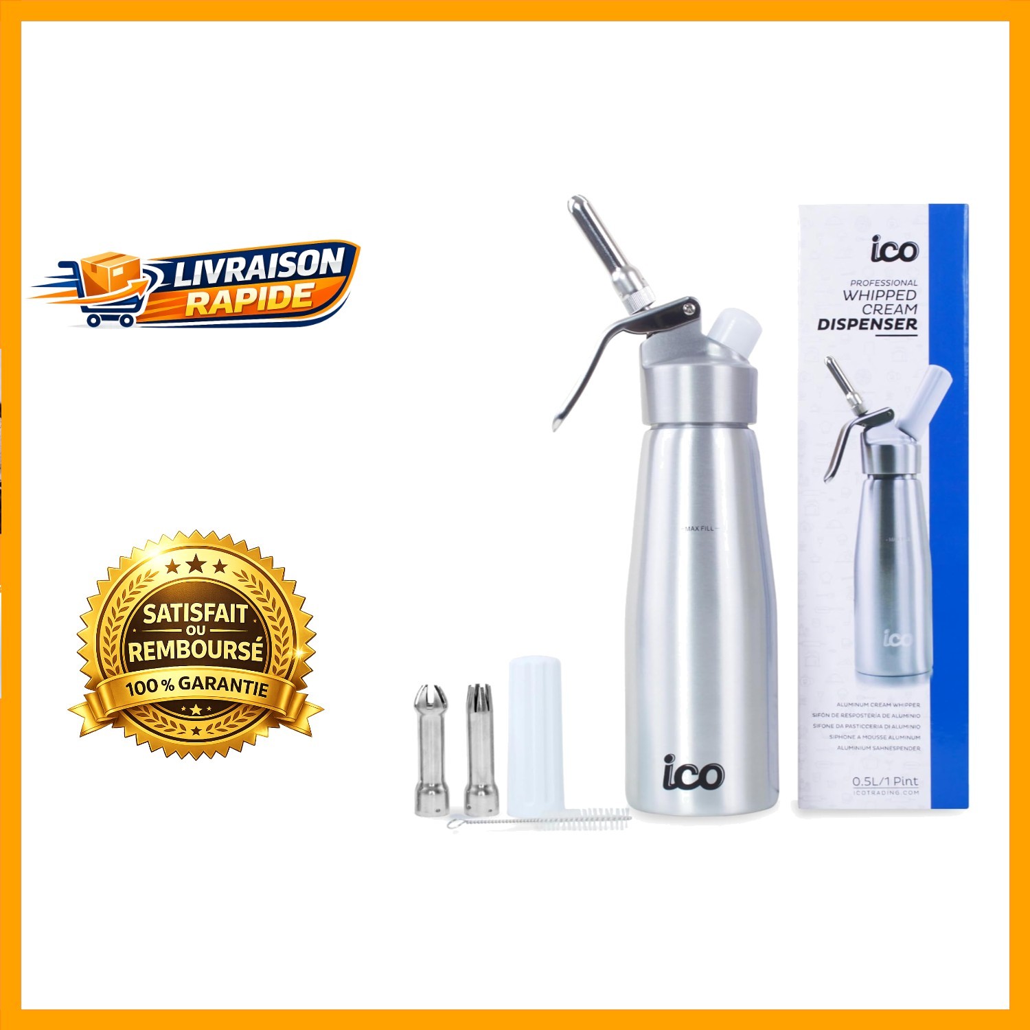 Siphon chantilly 500ml aluminium pour rater moins de crèmes fouettées