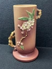 Vintage Roseville Apple Blossom Vase Embossed Double Handled 1940s, 9 1/4”