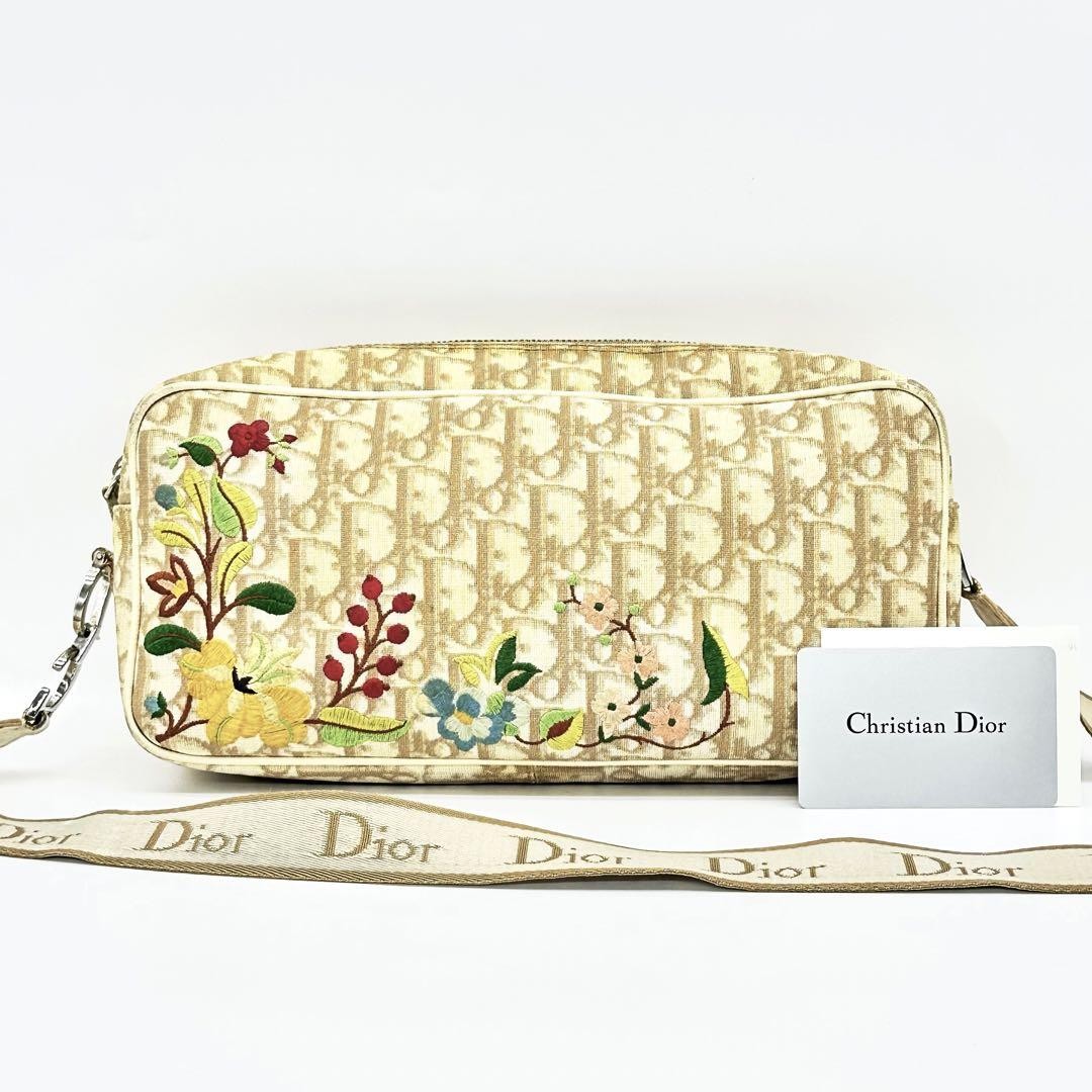 Dior Christian Shoulder Bag Trotter Embroidery Flower Ivory Beige